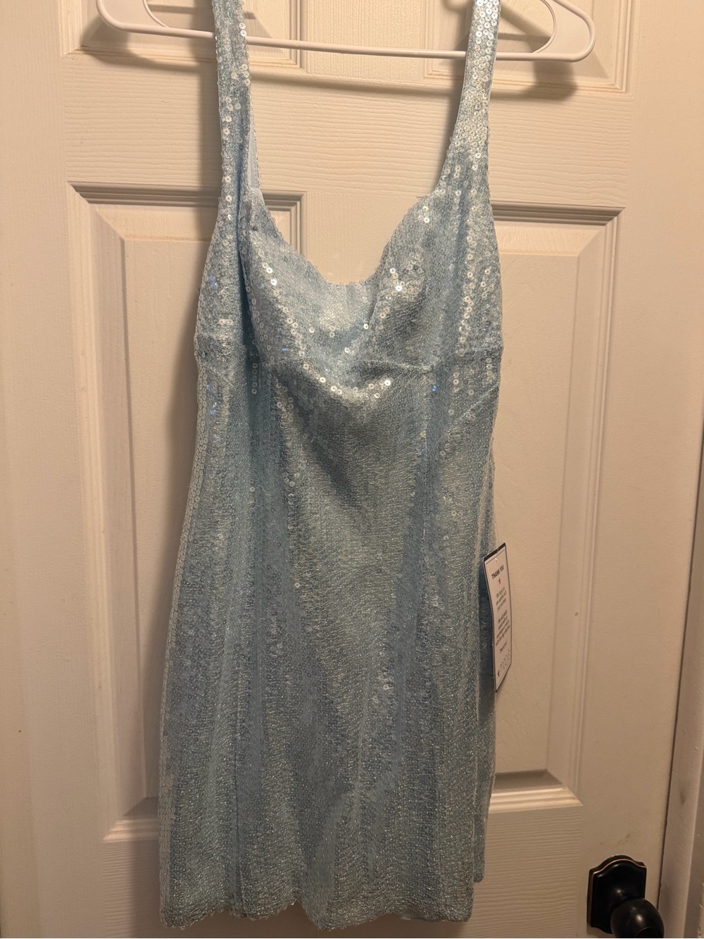 B Darlin Light Blue Sequin Cowl Neck Mini Dress